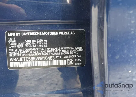 2019 BMW 540I xDrive из США, поврежденный, VIN WBAJE7C58KWW16483